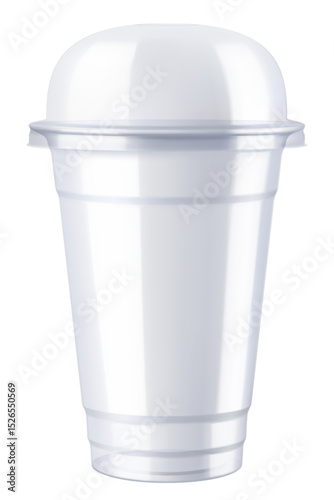 Clear empty plastic cup with sphere dome lid, isolated on transparent background. For milkshake and lemonade and smoothie. Takeaway beverage container. Realistic mockup, 3d vector illustration