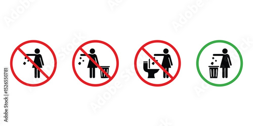 Trash can icon set. Toilet pictogram set with waste paper basket sign. No flush litter toilet sign set. Please do not throw pads towel paper in toilet. Vector illustration