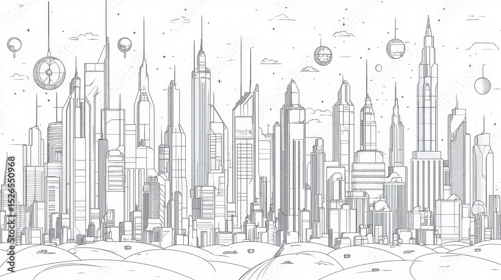 Obraz premium Hand-drawn skyline of a modern city with skyscrapers, balloons, clouds, and details for clean urban atmosphere artwork and illustrations