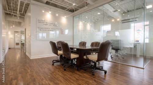 Modern glasswalled meeting room with walnut table and digital whiteboard in bright office environment photo