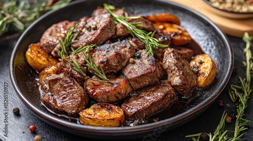 A plate of grilled steak with potatoes and rosemary on a black plate.
