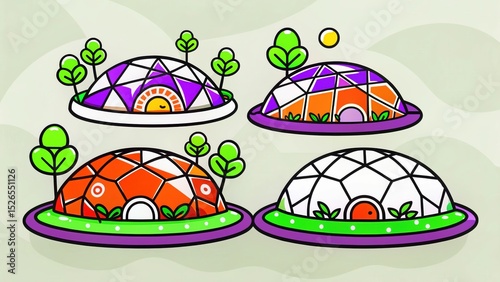 Colorful Geodesic Dome Illustrations Unique Home Designs, Architectural Art, and Vibrant Geometric Patterns