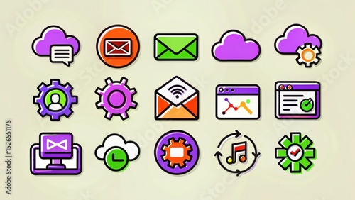 Vibrant Colorful Icons Cloud Computing, Email, and Web Development Symbols