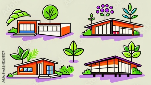 Modern Eco-Friendly House Designs Sustainable Architecture Illustrations Featuring Green Roofs and Lush Landscaping