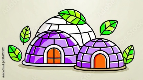 Adorable Purple Igloo Village Illustration Cartoon Igloos with Green Leaves