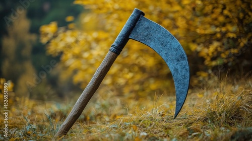 A rusty scythe with a wooden handle lies in a field of yellow leaves.