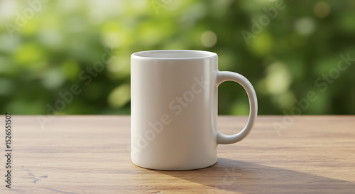Blank White Mug on Wooden Table with Blurred Green Background Perfect for Mockups and Designs