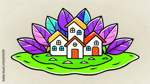 Whimsical Village Illustration Colorful Houses Nestled Amongst Vibrant Leaves