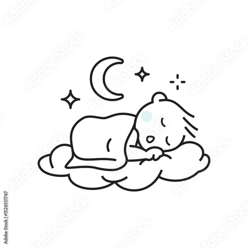Illustration of baby sleeping well and comfy like cottony cloud. Full of stars and crescent moon at night.