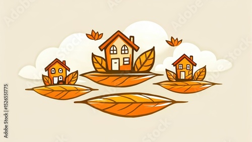 Charming Autumn Village Cozy Homes Nestled on Giant Leaves, Fall Scenery Illustration