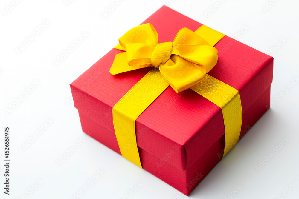 Obraz premium Red Gift Box with Yellow Bow and Ribbons on a white background