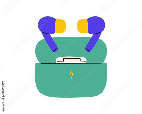 Wireless headphones with charging case. Vector illustration for audio devices, wireless technology and music accessories