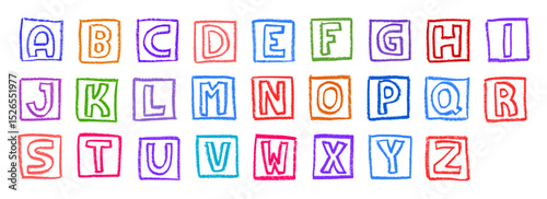 Square Block Alphabet Colorful Crayon Chalk Drawing Vector Set