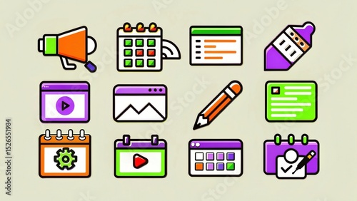 Vibrant Icon Set Marketing, Planning, Content, and Productivity Tools