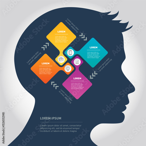Creative human head silhouette infographic with colorful geometric mind map elements showing thought processes and business concepts for educational presentations.