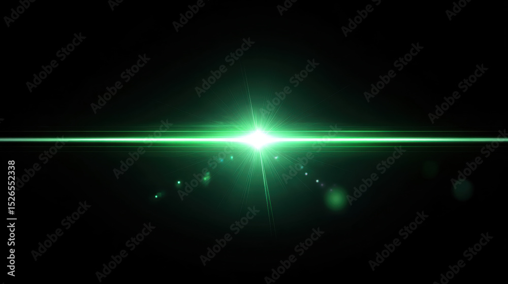 Bright green light beam radiates from central point, creating striking visual effect against dark background. light is accompanied by soft glows and lens flares, enhancing its dynamic appearance Bright green light beam radiates from central point, creating striking visual effect against dark background. light is accompanied by soft glows and lens flares, enhancing its dynamic appearance
