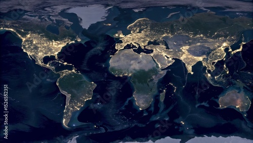 A nighttime satellite view of Earth showing illuminated cities and populated regions across continents.