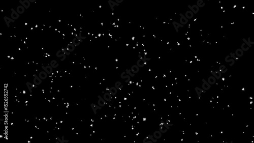 White particles flying on black background. Winter snow, slow falling snow animation loop