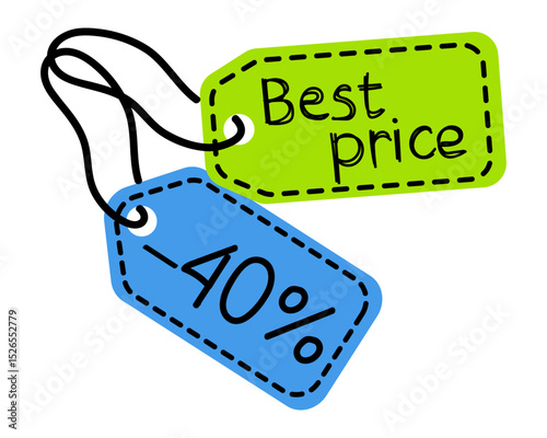 Discounts offered with colorful price tags indicating best price and percentage off