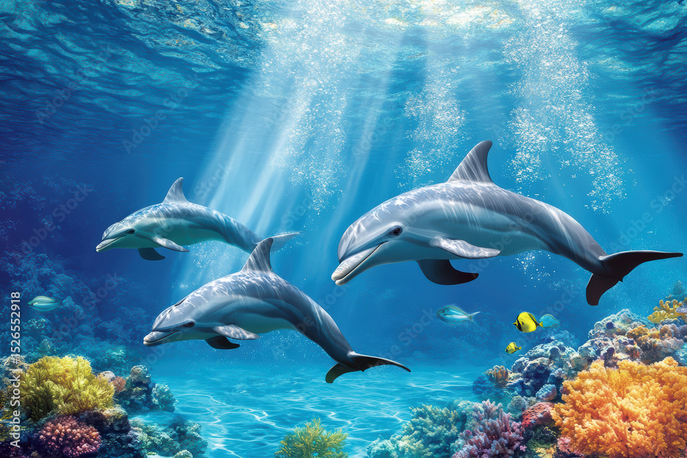 Fototapeta premium Sleek dolphins glide beneath turquoise ocean waves, their bodies reflecting sunlight. These playful marine creatures showcase fluid elegance and harmony within their vibrant aquatic habitat.