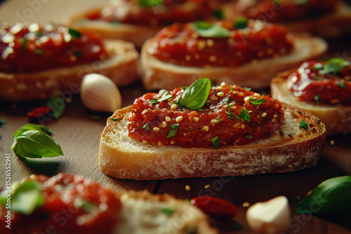 Savor the vibrant Ajvar slathered on crusty bread slices. Roasted peppers and eggplant blend with spices, creating a rustic and glossy treat, highlighted by garlic and chili garnish. photo
