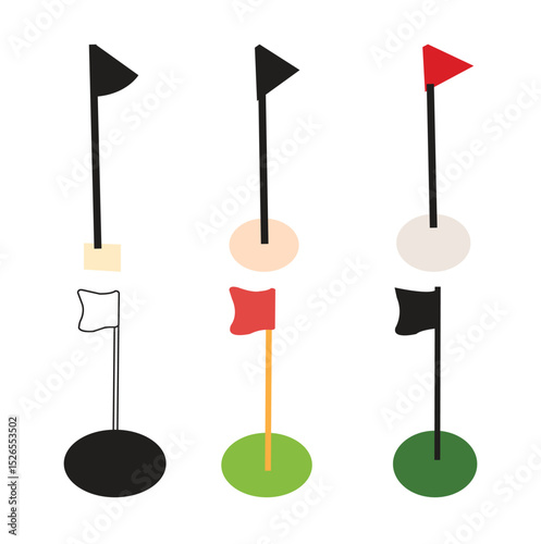Golf icon. Golfing field with red flag vector illustration. Golfer tournament  Golf court with a ball hall sign. Sport game competition pictogram. Goal isolated concept.
