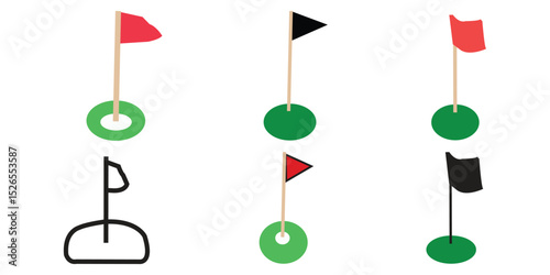 Golf icon. Golfing field with red flag vector illustration. Golfer tournament  Golf court with a ball hall sign. Sport game competition pictogram. Goal isolated concept.