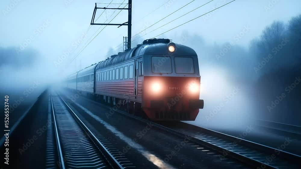 Passenger train emerges from fog, headlights piercing the mist, rails wet from early morning dew