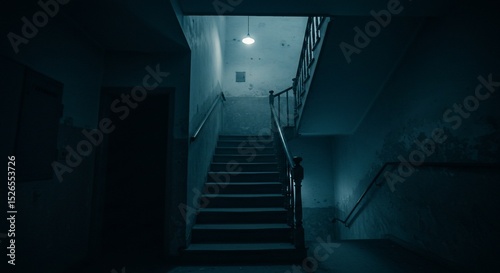 Dim staircase ascends in moody building