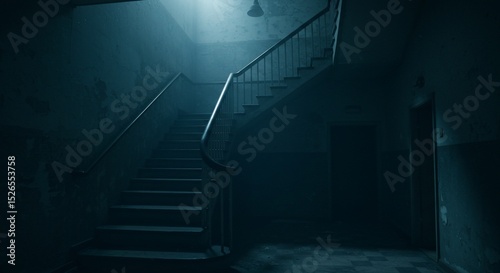 Ghostly Staircase in Dim Lit Building