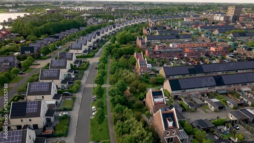 Row of houses with solar panels, modern sustainable neighbourhood in dutch city of Heerhugowaard