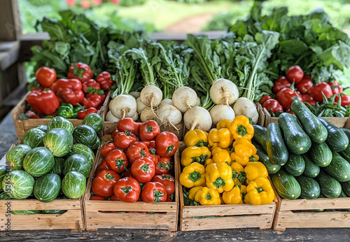 Fresh vegetables are neatly arranged at the village fair for sale. AI generated