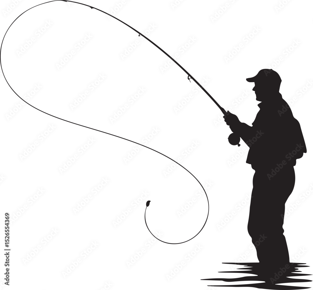 Obraz premium Silhouette of Man Fishing with Rod – Outdoor Sport, Angling Activity, Fisherman in Action Illustration