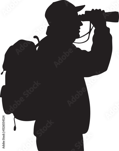 Silhouette of Man with Backpack Using Binoculars – Explorer, Hiker, Adventure Travel, Outdoor Observer Illustration

