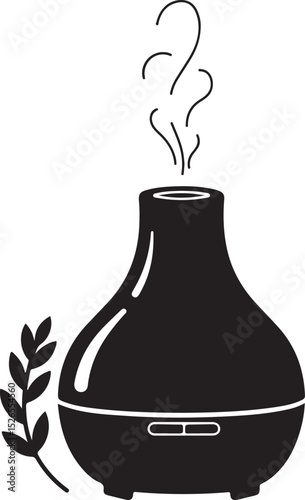 Silhouette of Essential Oil Diffuser with Steam – Aromatherapy, Humidifier, Home Spa Wellness Decor Illustration


