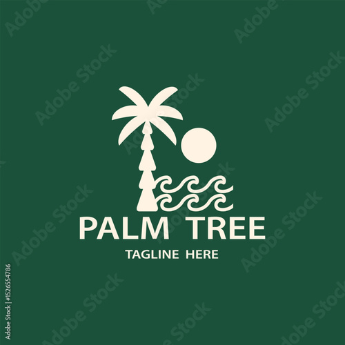  Palm tree vintage logo design, Logo palm tree illustration, luxury palm tree logo vector, Sun, Palm tree, Wave abstract summer and vacation badge.