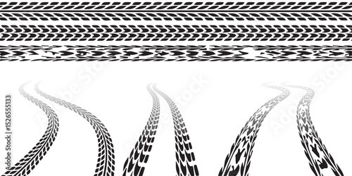 Black car tire tracks, rubber wheel print on road or dirt. Grunge winding trace from vehicle tires isolated on white background. Vector graphic set dynamic.