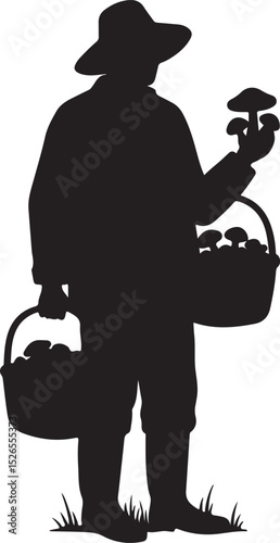 Silhouette of Farmer Holding Mushroom and Basket – Foraging, Organic Harvest, Rural Life, Mushroom Picking Illustration

