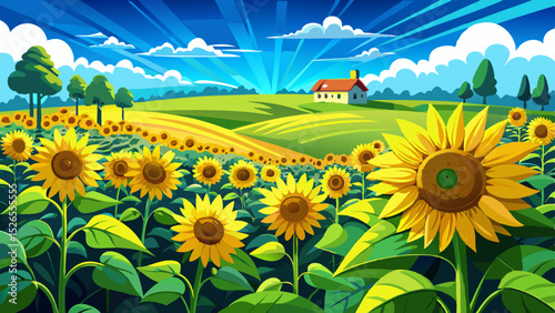Midday sun illuminates a wide sunflower field in peak bloom under a blue sky, with vibrant yellow petals and rural surroundings capturing the energy and beauty of nature during summer on the farm 