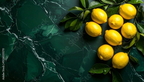 a dark green marbled background with vibrant lemons, large space for copy 