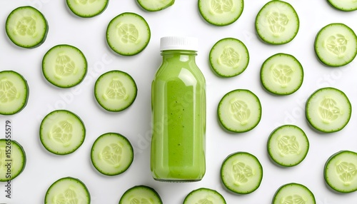 A vibrant green smoothie in a bottle surrounded by flat lay fresh cucumber slices 