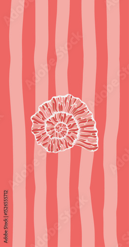 Abstract illustration of a pink seashell on a striped coral design, creating a modern marine-inspired aesthetic