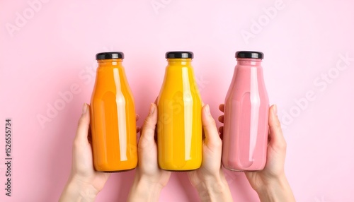 Three colorful smoothie bottles in orange, yellow and pink color, held by hands against a pastel pink background