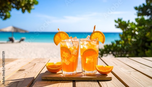 Two iced drinks with orange slices on a wooden table by the beach, under a clear blue sky, space for copy
