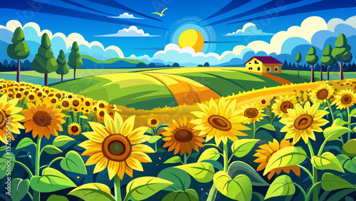 Midday sun illuminates a wide sunflower field in peak bloom under a blue sky, with vibrant yellow petals and rural surroundings capturing the energy and beauty of nature during summer on the farm 