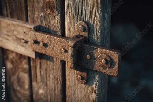 Detailed view of weathered wooden door latch with rustic metal hardware against an aged background at sunset