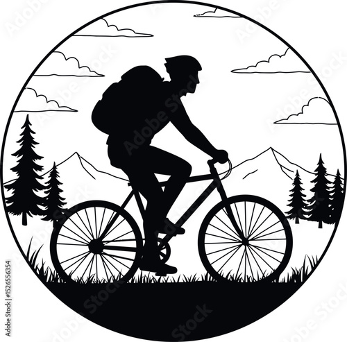 Silhouette of Cyclist Riding Bicycle in Mountain Landscape with Trees and Backpack for Outdoor Adventure and Nature Travel

