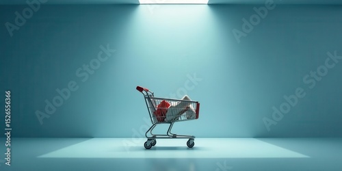A miniature figure reclines comfortably within a shopping cart, bathed in a soft, ethereal light against a serene teal backdrop, symbolizing relaxation and consumerism