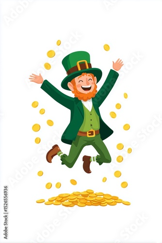 Irish bank holiday celebration icon features a joyful leprechaun surrounded by shining coins
