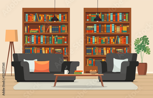 Living room or library interior with wooden bookcase. Place for reading and relaxation. Vector stock